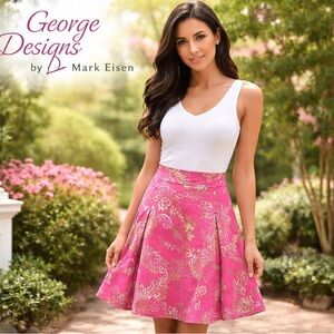George Designs by Mark Eisen Pink Paisley Flare Skirt Size 6 | Gold Print A-Line